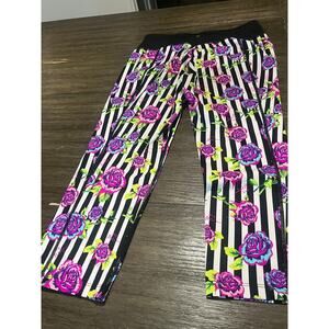 Betsey Johnson Performance Striped Floral Roses Capris Leggings Pants L 90's Y2K